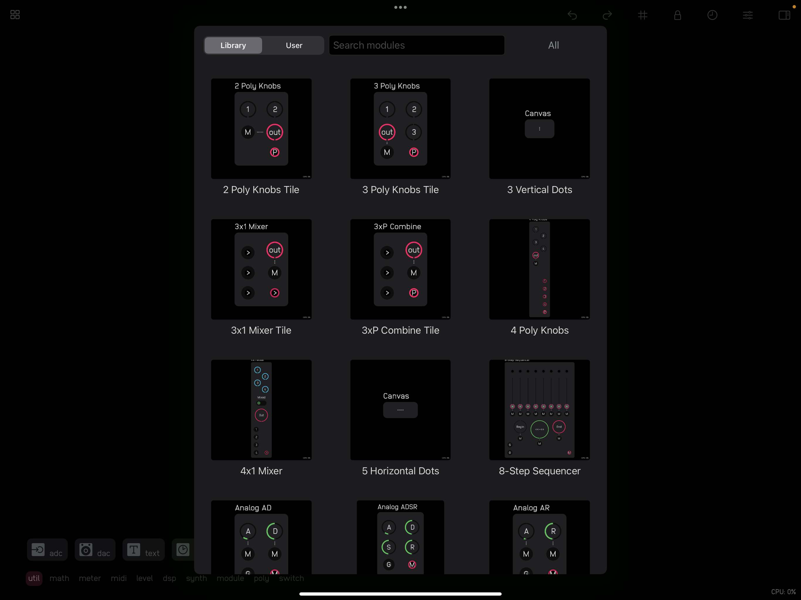 The module browser appears over the canvas