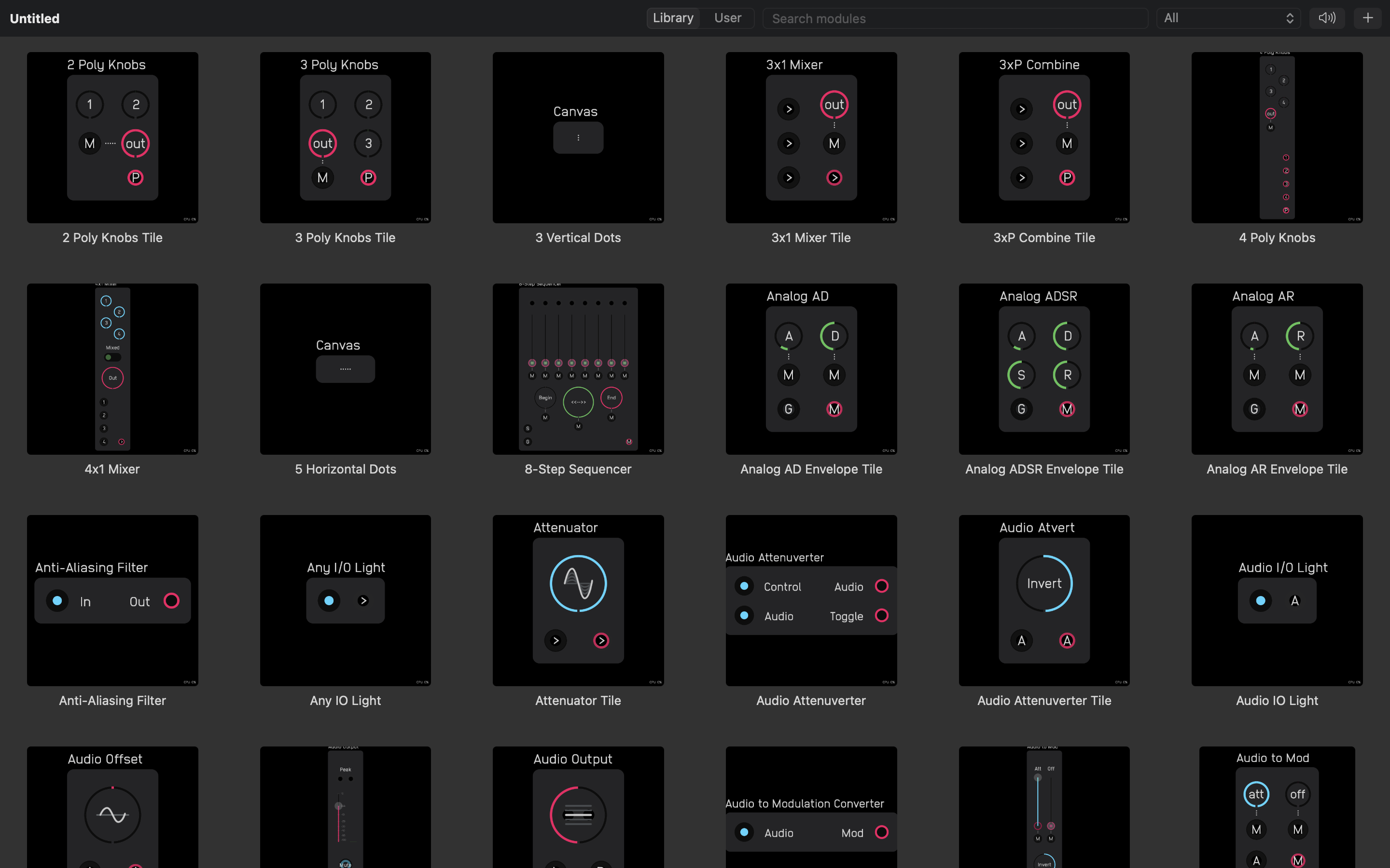 The module browser appears over the canvas